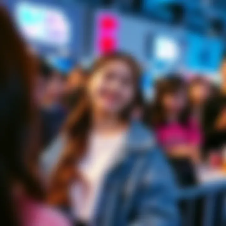 Wonyoung interacts with fans at a lively event, showing her connection to them while smiling and posing for photos.