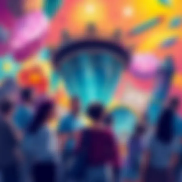 A vibrant illustration showing various woo-woo concepts like crystals, tarot cards, and astrology charts, surrounded by curious people discussing these ideas.