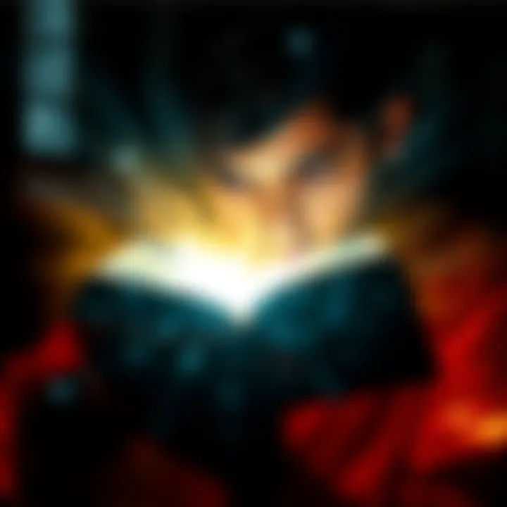 A person looking thoughtfully at a book with light surrounding it, symbolizing the relationship between language and understanding spirituality.