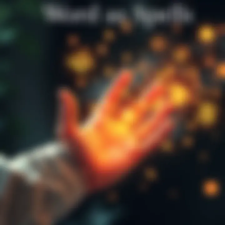 A hand casting a spell with flowing letters and symbols shimmering in the air, representing the power of language to influence thoughts and reality.