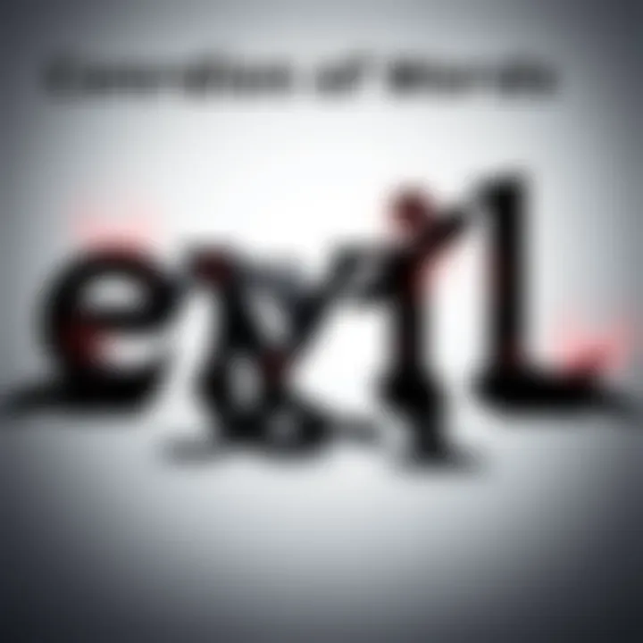 Four words 'evil', 'live', 'veil', and 'vile' artistically represented with overlapping letters and shadows, symbolizing their deep connection.