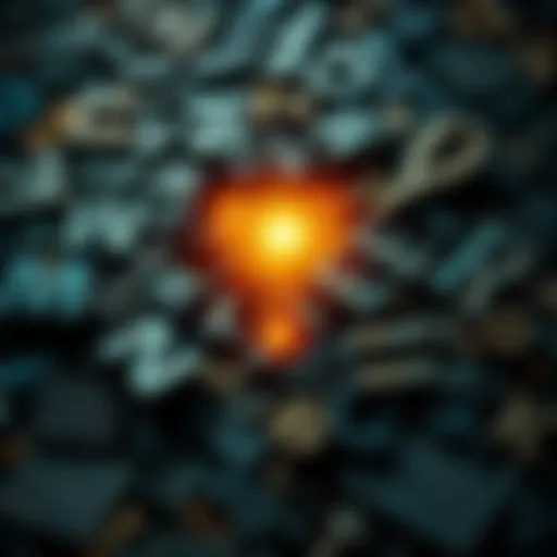 A chaotic arrangement of letters and symbols representing mixed communication, with a light shining through, symbolizing clarity and insight from love.