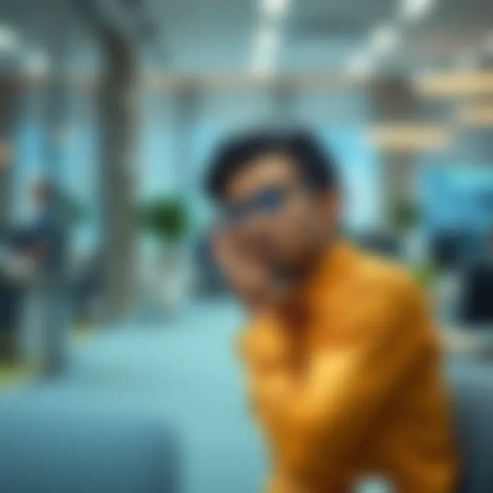 A candidate pondering over their work experience application with mixed emotions in a modern office setting