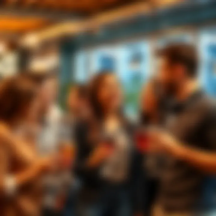 A group of colleagues enjoying a work outing, smiling and engaging in conversation while holding drinks in a relaxed setting.