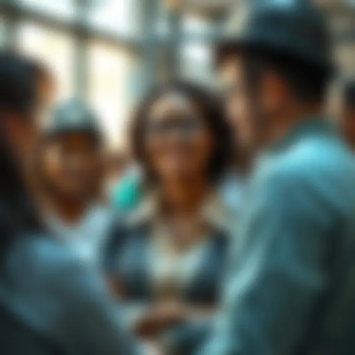 A hopeful worker surrounded by supportive colleagues, discussing her candidacy for a promotion after her boss's resignation.