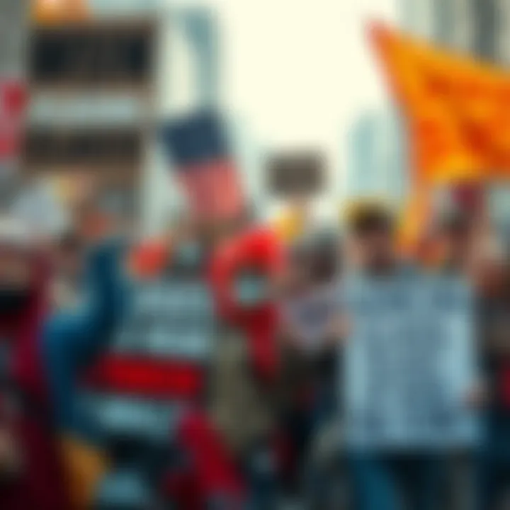 A diverse group of working-class people holding signs and rallying together for economic equality, showing solidarity in the fight against the wealthy elite.