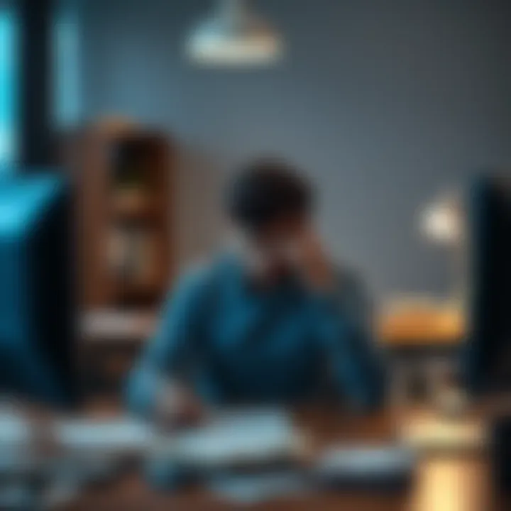 A person visibly upset at their desk during a confrontation at work, surrounded by paperwork and a computer, reflecting on their career difficulties.