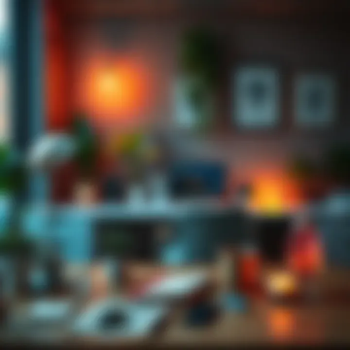 Workspace with calming decor A peaceful office space featuring plants and crystals for positive energy