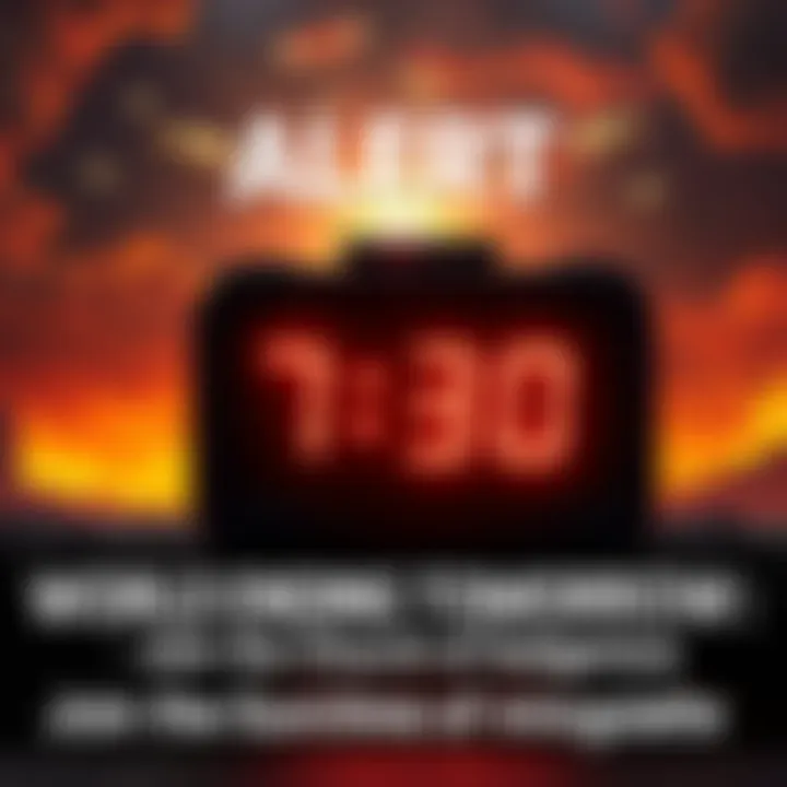 A digital clock displaying 7:30 AM with a background of a fiery sky and UFOs in the distance, signaling an impending disaster.