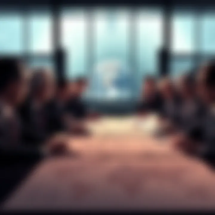 A group of world leaders around a table with maps and documents, looking worried about an alien invasion, with Earth visible through a window behind them.