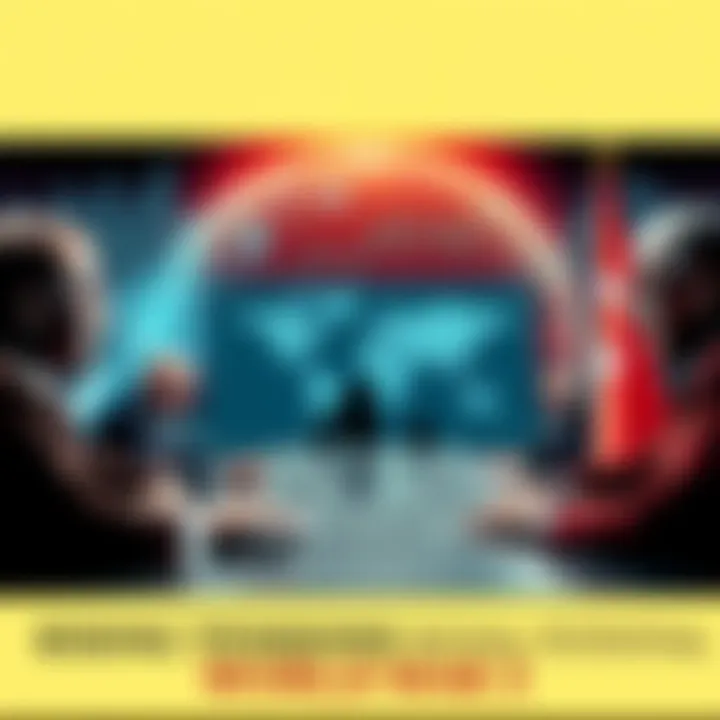 World leaders engaged in a serious discussion with maps and graphs around them, showing rising geopolitical tensions.