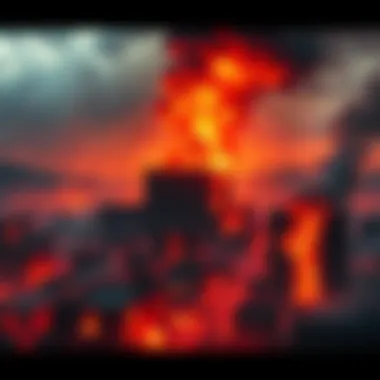 A fiery landscape with burning buildings and smoke rising into the sky, showcasing chaos and destruction.