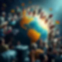 A globe surrounded by diverse people representing different cultures and ages, symbolizing the global population debate.
