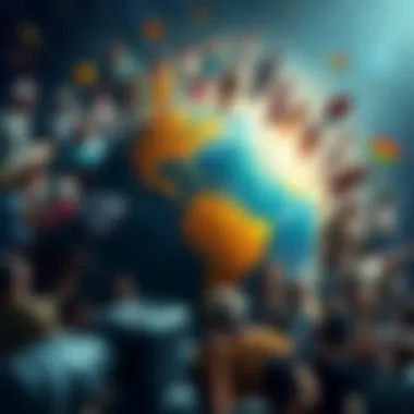 A globe surrounded by diverse people representing different cultures and ages, symbolizing the global population debate.