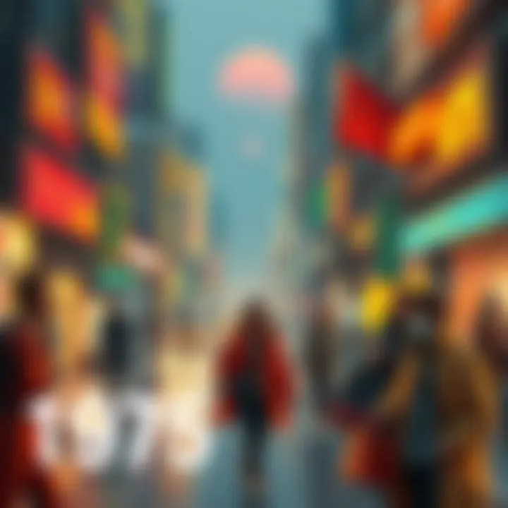 A street scene in 1975 with people and objects influenced by future technology and fashion