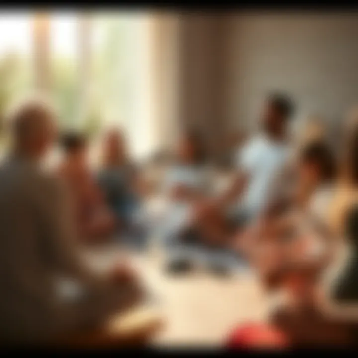 Group of people meditating and making music A diverse group of people singing and playing instruments during a sound healing session, seated in a peaceful setting, with an atmosphere of tranquility and connection.
