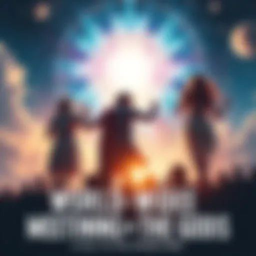A group of people gathered together, connecting with each other under a bright celestial sky, symbolizing unity and divine insights.