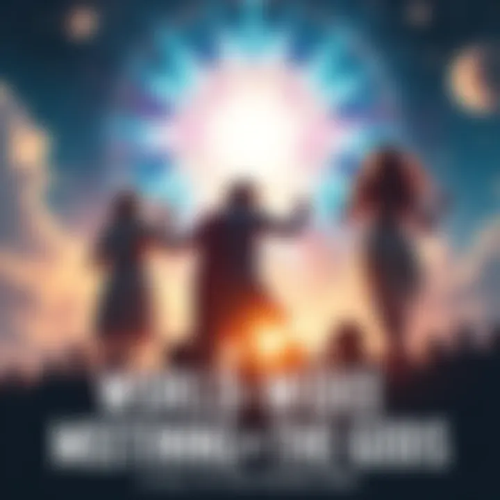 A group of people gathered together, connecting with each other under a bright celestial sky, symbolizing unity and divine insights.