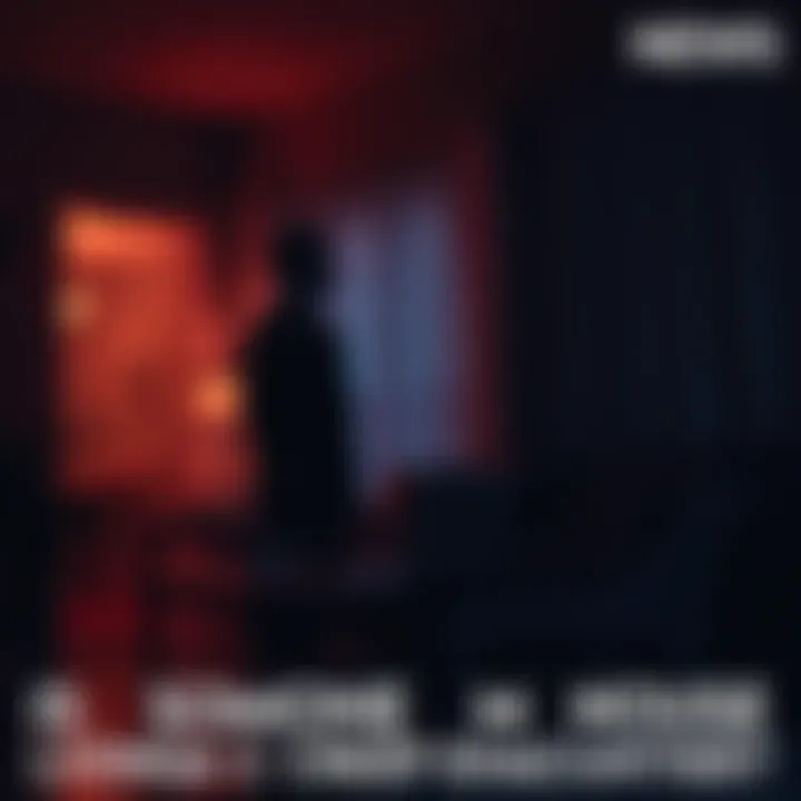 A concerned individual stands in a dark living room, glancing towards a shadowy corner, with a laptop showing unexpected content on the table.