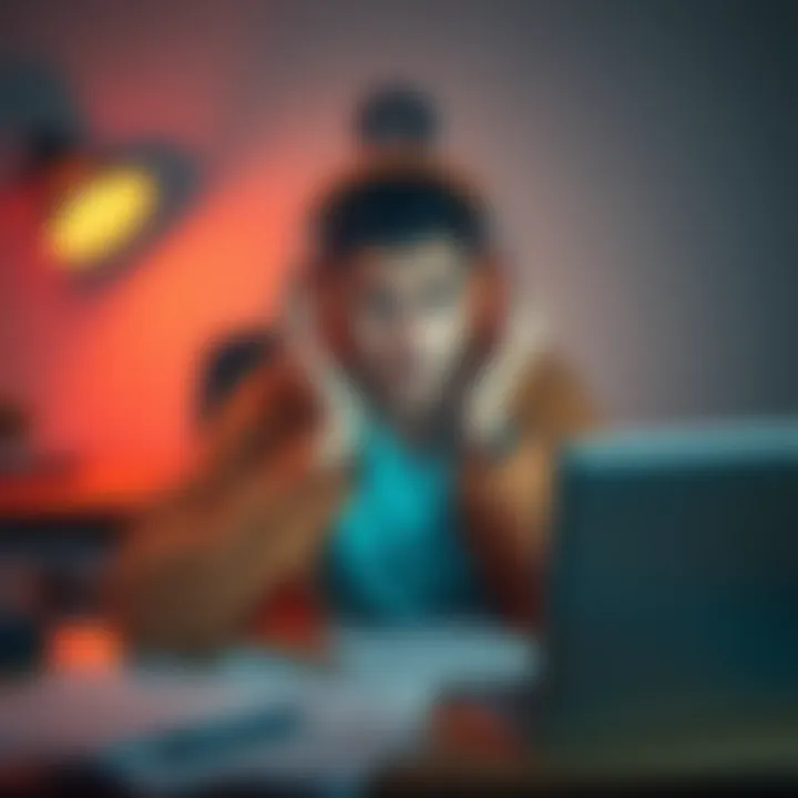 Person looking worried Individual with a concerned expression, sitting at a desk with headphones on, surrounded by health-related papers and a laptop, seeking help