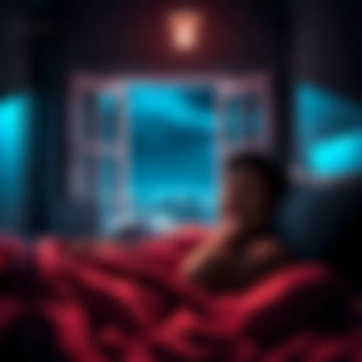 A person lying in bed with a worried expression, surrounded by dark shadows and an open window showing a stormy night, symbolizing health struggles and fear of a curse.