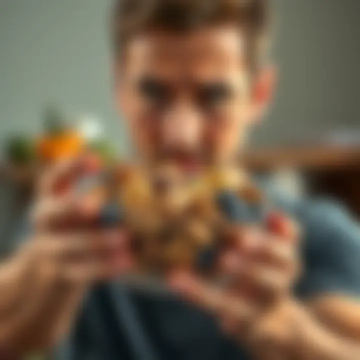 A concerned individual grips a bowl filled with nuts and fruit, showing signs of anxiety about food safety.