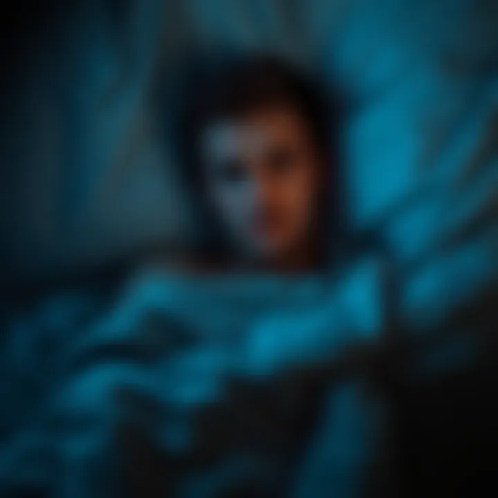 A person with a troubled expression lying in bed, surrounded by dark shadows, symbolizing unsettling dreams and nightmares.