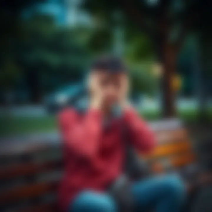 A young adult sitting on a park bench, looking thoughtful and anxious while holding their head in their hands, reflecting on their life decisions.