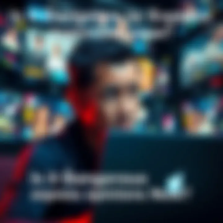 A concerned individual contemplating sharing opinions online, surrounded by digital screens representing social media and surveillance.