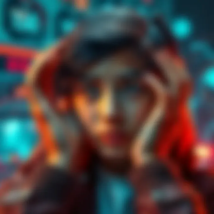 A person with a concerned expression holding their head in their hands, reflecting on the concept of living in a simulation, surrounded by digital elements.