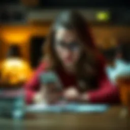 A worried woman sitting at a table, looking at her phone as she thinks about her boyfriend potentially being a Freemason.