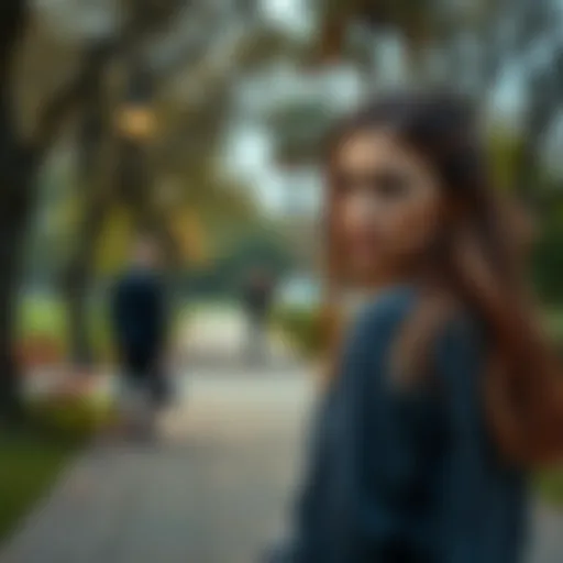 A concerned young woman glances over her shoulder as she walks alone in a park, appearing anxious about being followed by an older man.