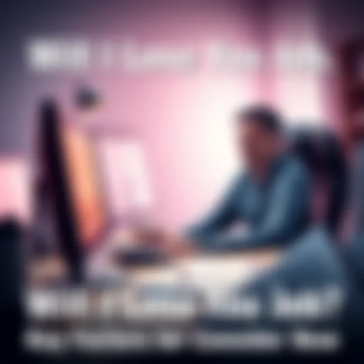 A concerned employee sitting at a desk, looking at a computer screen with job-related documents spread out, showing anxiety about job security.