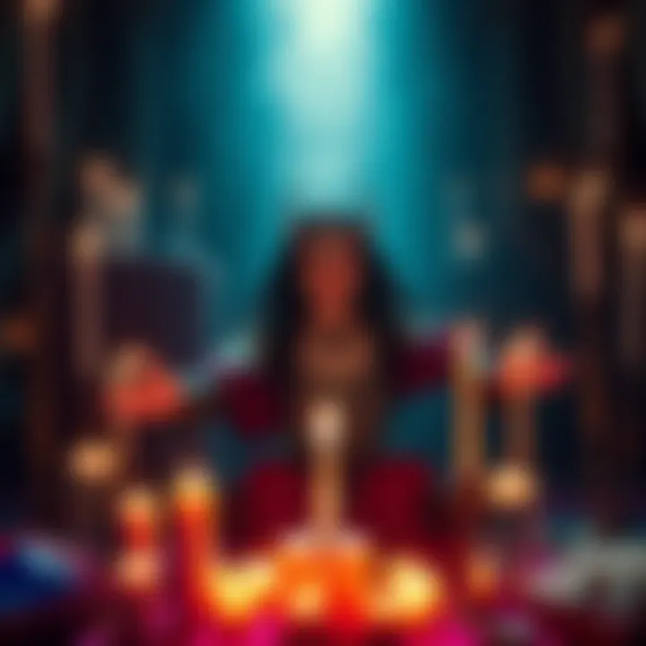 A person surrounded by candles and crystals, connecting with Lilith's energy in a serene setting.
