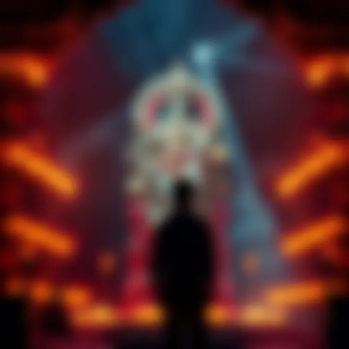 A person standing in a dimly lit temple, looking up at an elaborate idol surrounded by candles, symbolizing the fear and reverence towards the divine.