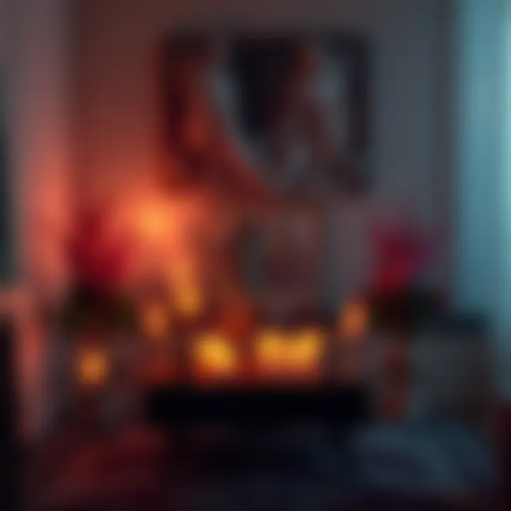 A small altar with symbols of Aphrodite and Apollo, candles lit in a cozy room