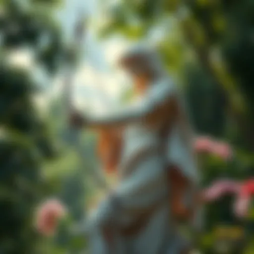 A statue of Diana holding a bow, surrounded by nature, symbolizing her connection to Artemis.