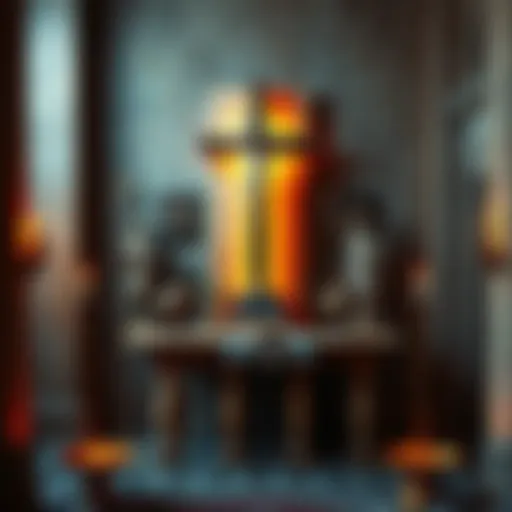 An altar displaying symbols of Greek gods next to a Christian cross, representing a blend of both faiths.