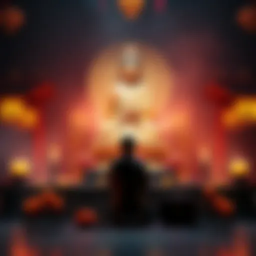 A serene scene depicting a person in prayer before a statue of Guanyin, surrounded by offerings and candles.