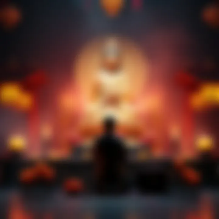 A serene scene depicting a person in prayer before a statue of Guanyin, surrounded by offerings and candles.