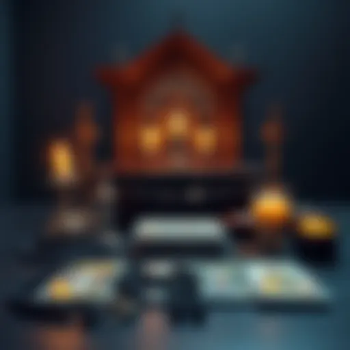A selection of authentic worship items including a wooden altar, rosaries and tarot cards arranged on a table