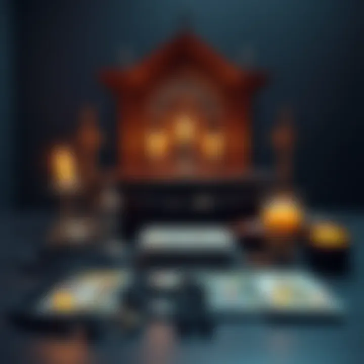 A selection of authentic worship items including a wooden altar, rosaries and tarot cards arranged on a table