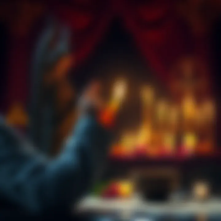 A person lighting a candle at an altar dedicated to Eris and Nemesis, surrounded by offerings and symbols of chaos and balance.