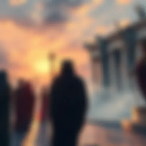 A serene scene depicting a group of diverse people in a peaceful setting, engaging in worship of figures like Hades and Apollo, with symbols of ancient Greece around them.