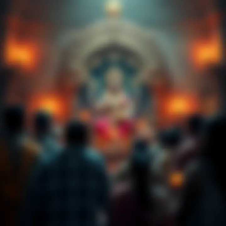 A group of people gathered in a temple, showing reverence to a statue of a male deity, with candles and offerings around.