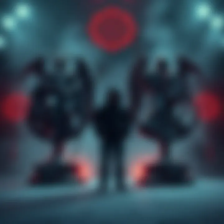 A person standing between symbols of different belief systems, one representing gods and the other representing satanism, showcasing a blend of ideologies.