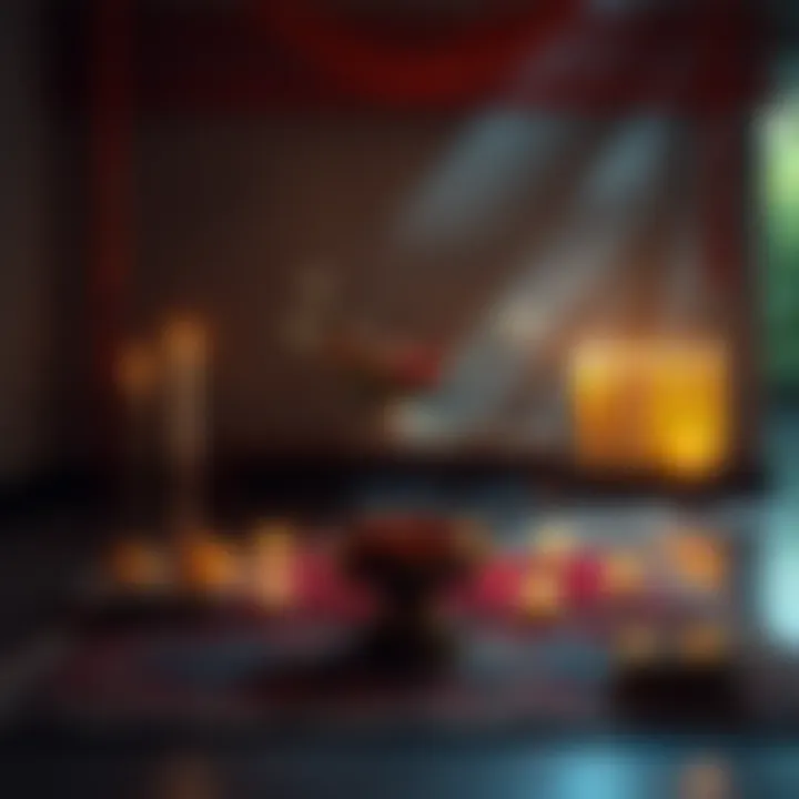 A peaceful setting with a small table holding fruits and flowers as offerings, surrounded by candles and a serene atmosphere, symbolizing personal worship.