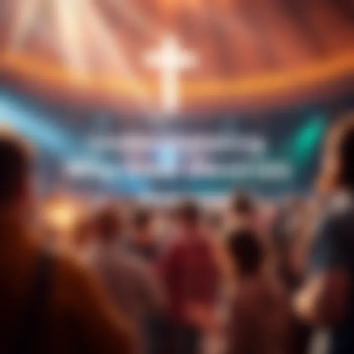A group of diverse people worshipping together in a peaceful setting, expressing devotion and connection to the divine, with soft light illuminating the scene.