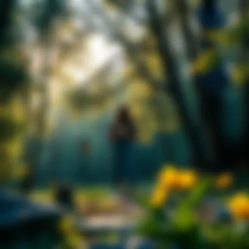 A person standing in a peaceful forest clearing, holding a small offering for Persephone, surrounded by nature and symbols of Greek mythology.