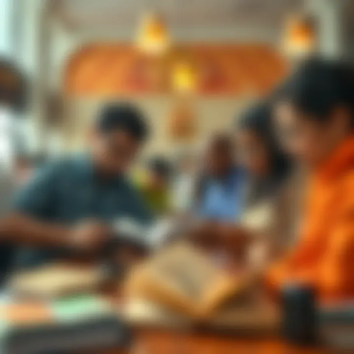 A group of people researching local deities through books and online resources at a community center.